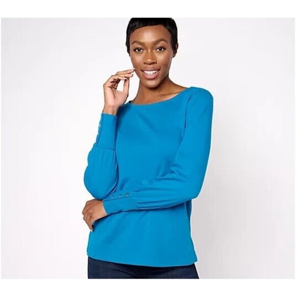 Isaac Mizrahi Live! Boat Neck Blouson Sleeve Top with Buttons Mykonos Blue,M - Picture 1 of 1